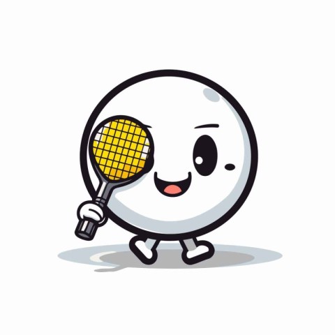 Cute tennis ball cartoon character with racket vector illustrati