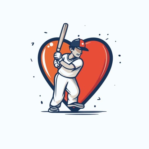 Baseball player with bat and ball in heart shape. Vector illustr