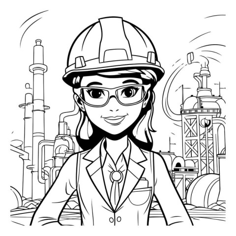 Black and White Cartoon Illustration of Female Architect or Engi