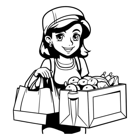 delivery woman with packages of food. vector illustration in bla