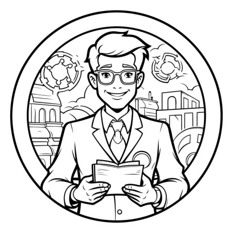 Black and White Cartoon Illustration of Businessman Reading a Bo