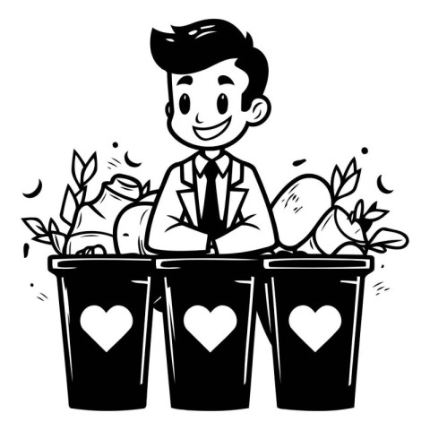 Black and White Cartoon Illustration of a Man Picking Flowers fr