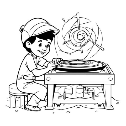 Black and white illustration of a boy playing a turntable.