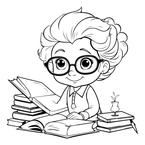 Vector illustration of a cute little boy with glasses reading a