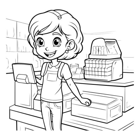 Black and white illustration of a girl at a cash register in a s