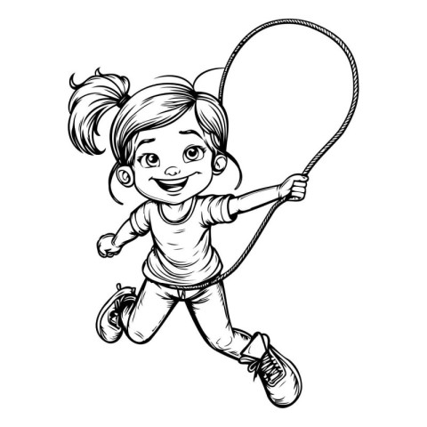 Little girl with a skipping rope. Black and white vector illustr