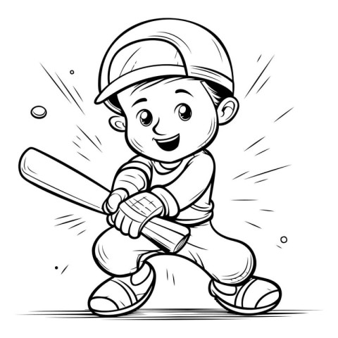 Cartoon Illustration of Cute Little Boy Playing Baseball Colorin