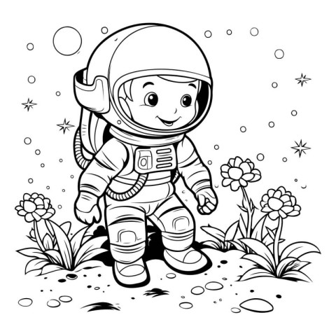 Coloring book for children: Astronaut in the field of flowers