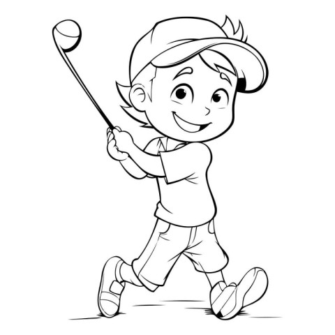 Illustration of a Boy Playing Golf on a Golf Course - Coloring B