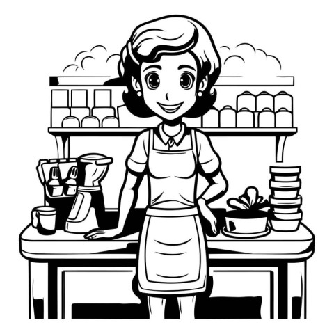 Coffee shop worker with coffee machine. Black and white vector i