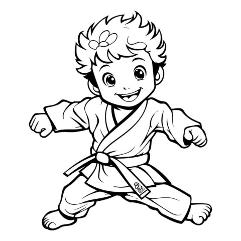 Karate boy. Black and white vector illustration for coloring boo