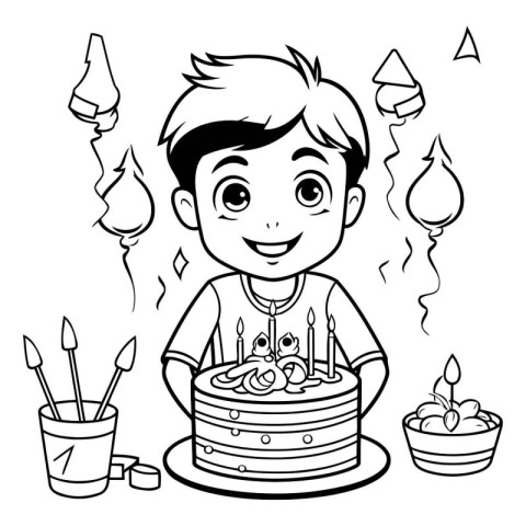 Coloring book for children: boy with cake and candles. Vector il