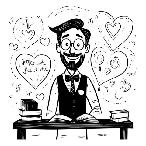 Vector illustration of a teacher with books and hearts in the ba