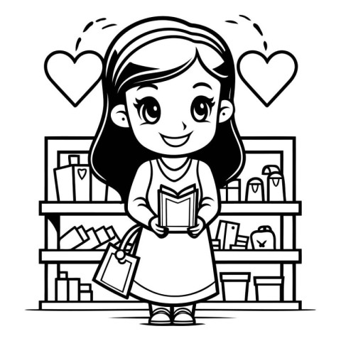 Girl holding shopping bag - Black and White Cartoon Illustration