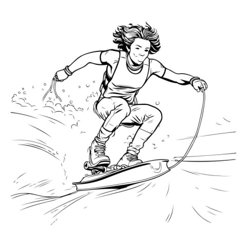 skateboarder rides on a wave. black and white vector illustratio