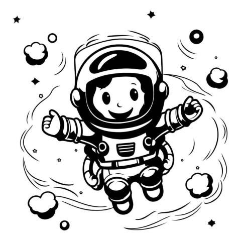 Cute cartoon astronaut in space. black and white vector illustra