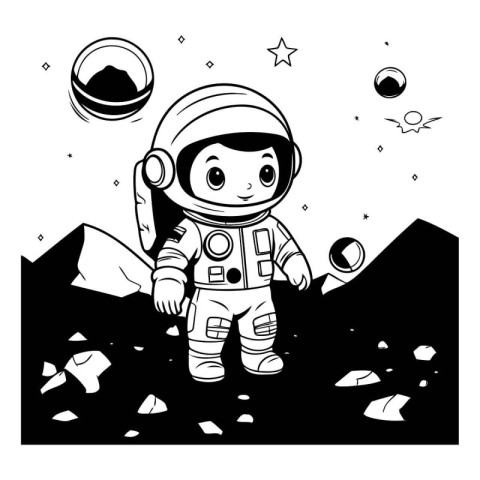 Cartoon astronaut on the moon. Black and white vector illustrati