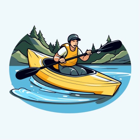 Man kayaking on the river. Vector illustration in cartoon style.