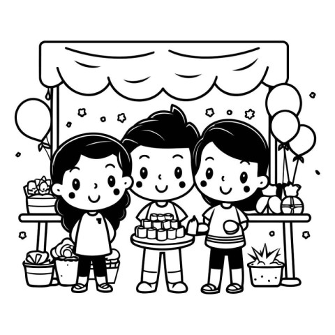 cute little kids couple with cake and balloons helium vector ill