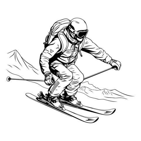 Skiing and skier. black and white vector illustration.