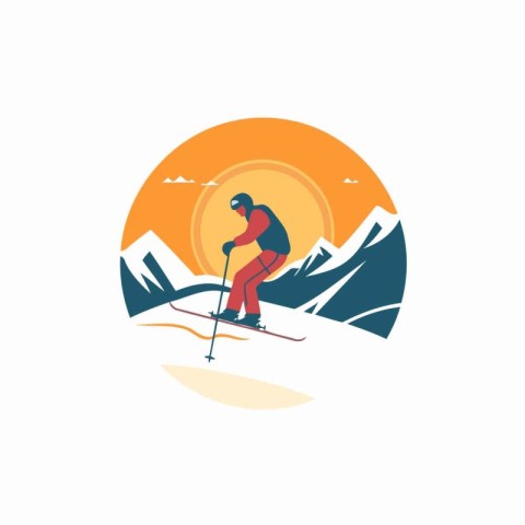 Skier in the mountains. Flat style vector illustration on white