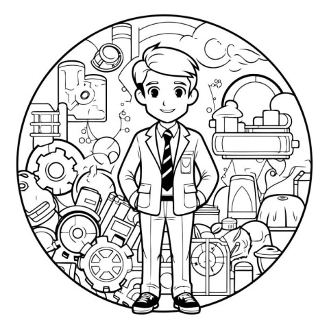 Coloring book for children: boy in a suit with a train