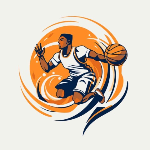 Basketball player jumping with ball and racket on orange backgro