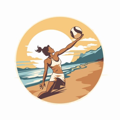 Girl playing volleyball on the beach. Vector illustration in ret