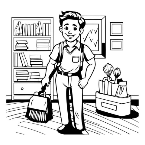 cleaning man with cleaning tools in the house cartoon vector ill