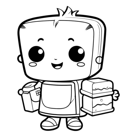 Black and White Cartoon Illustration of Cute Kid Boy Holding a C