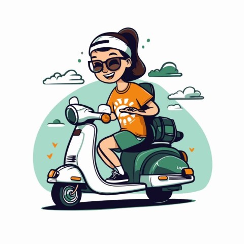 Cute girl riding scooter. Vector illustration in cartoon style.