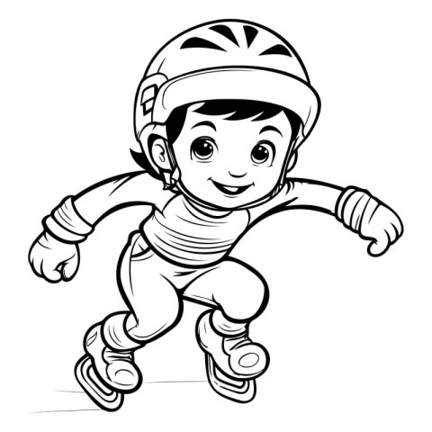 Little boy skating on roller skates. black and white vector illu