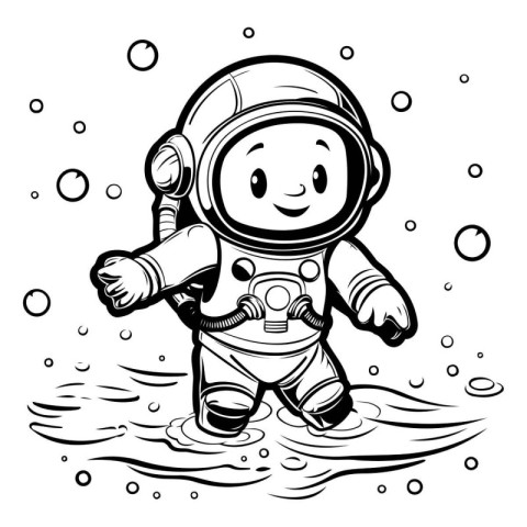 astronaut in the water. black and white vector illustration.