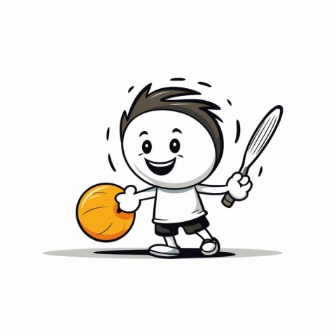 Cartoon boy playing tennis with racket and ball. Vector illustra