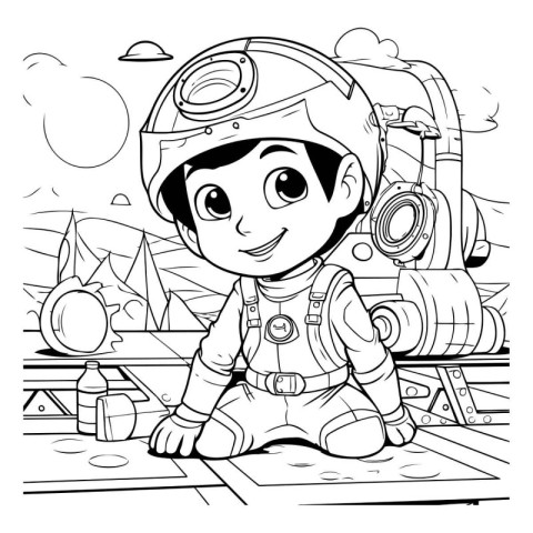 Black and White Cartoon Illustration of Kid Boy Astronaut Charac