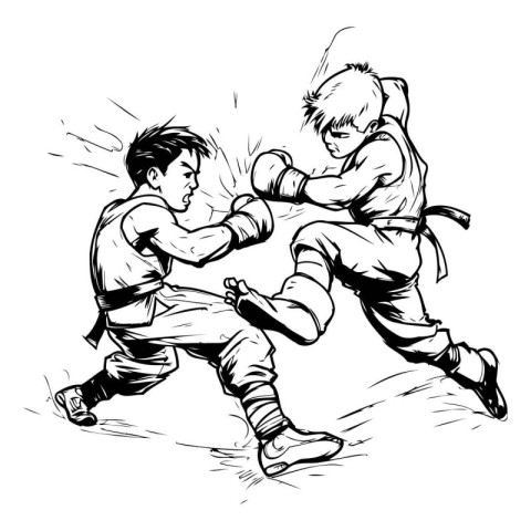 Two young boys boxing. sketch vector graphics monochrome illustr