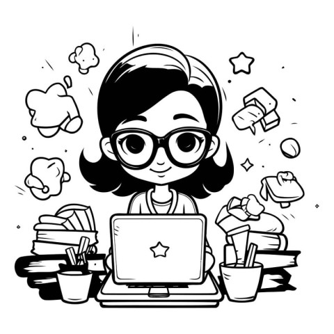 Cute schoolgirl with laptop and books. Vector illustration in bl