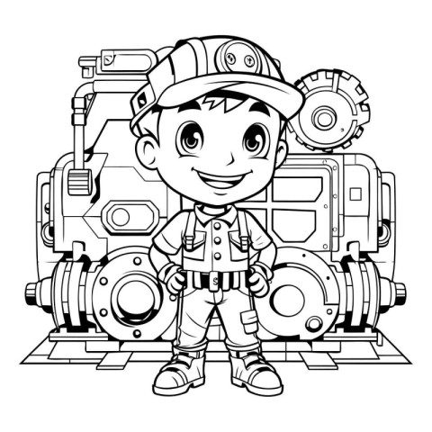 Black and White Cartoon Illustration of Cute Firefighter Boy Cha