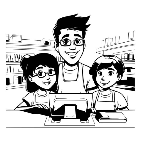 father with his children in the office. vector illustration. mon