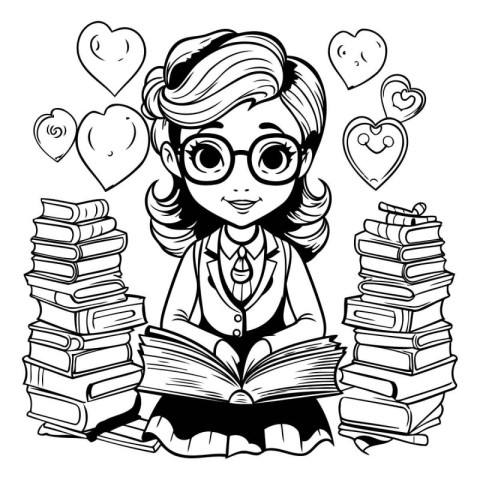 Cute schoolgirl with books. Vector illustration for coloring boo