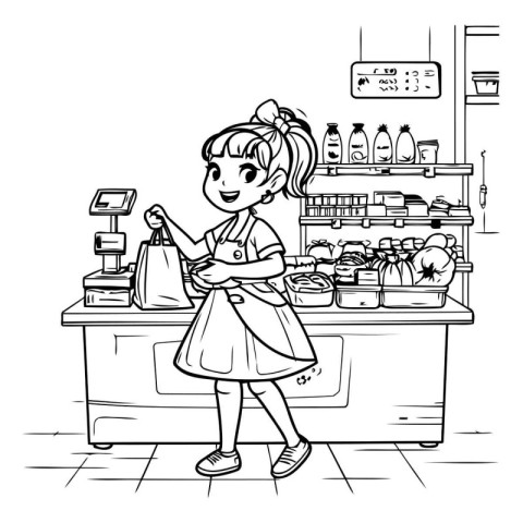 Cartoon illustration of a girl shopping in a supermarket or stor