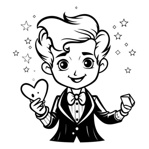 Black and White Cartoon Illustration of Cute Boy magician or Mag