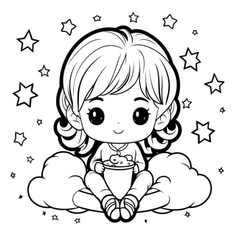 Cute little girl with cupcake. Vector illustration for coloring