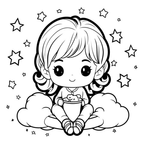 Cute little girl with cupcake. Vector illustration for coloring