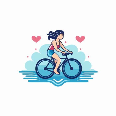 Girl riding a bicycle in the sea. Vector illustration in flat st