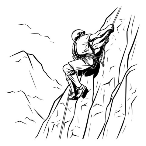 Male climber climbing on a cliff. black and white vector illustr