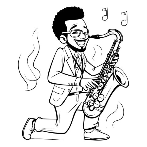 Jazz musician playing the saxophone. Black and white vector illu