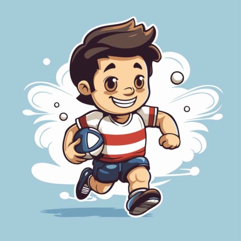 Cartoon boy playing rugby. Vector illustration of a boy playing