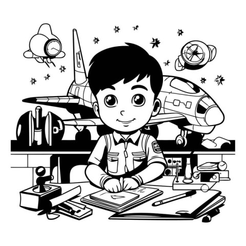 Cute little boy studying in a science class. Black and white vec