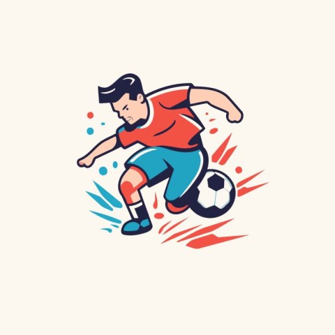 Soccer player kicks the ball. Vector illustration in cartoon sty